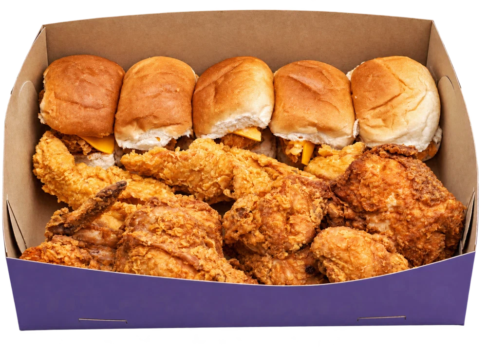 A Cheekies box of fried chicken pieces, chicken strips and soft rolls