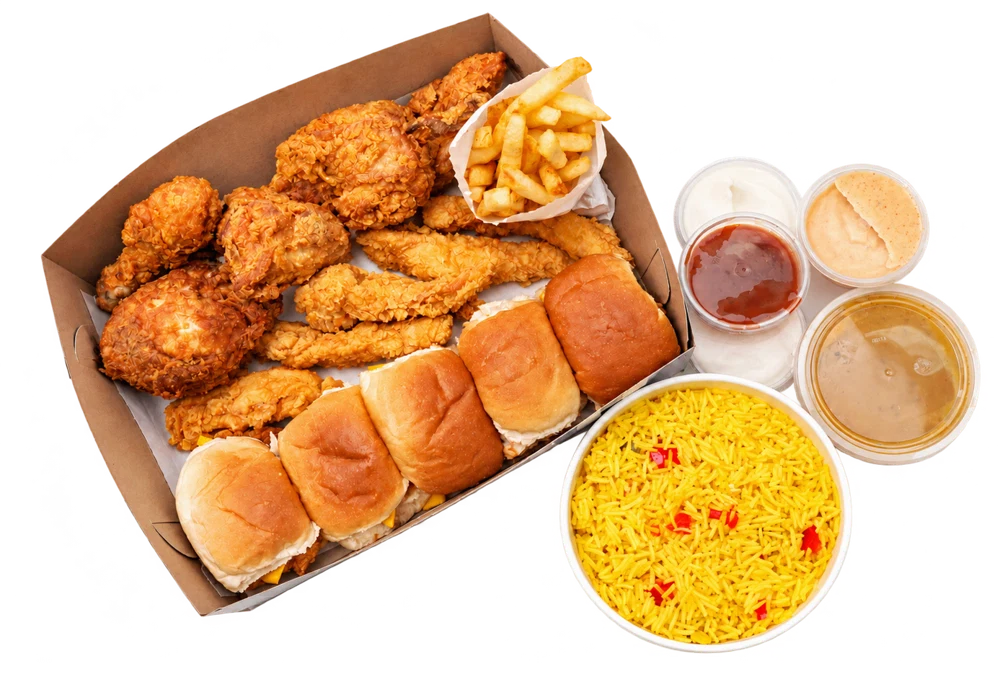 The Cheekies Fantastic Fiver: a box of fried chicken, tenders, strips and soft rolls, with chips, spicy rice and dipping sauces