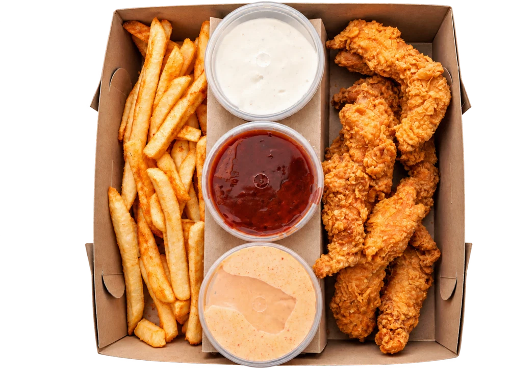 A Cheekies Strip-wise Box: chicken strips, chips and three dipping sauces