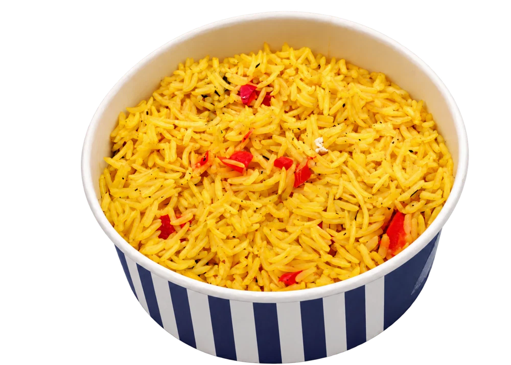 A tub of Cheekies spicy yellow rice