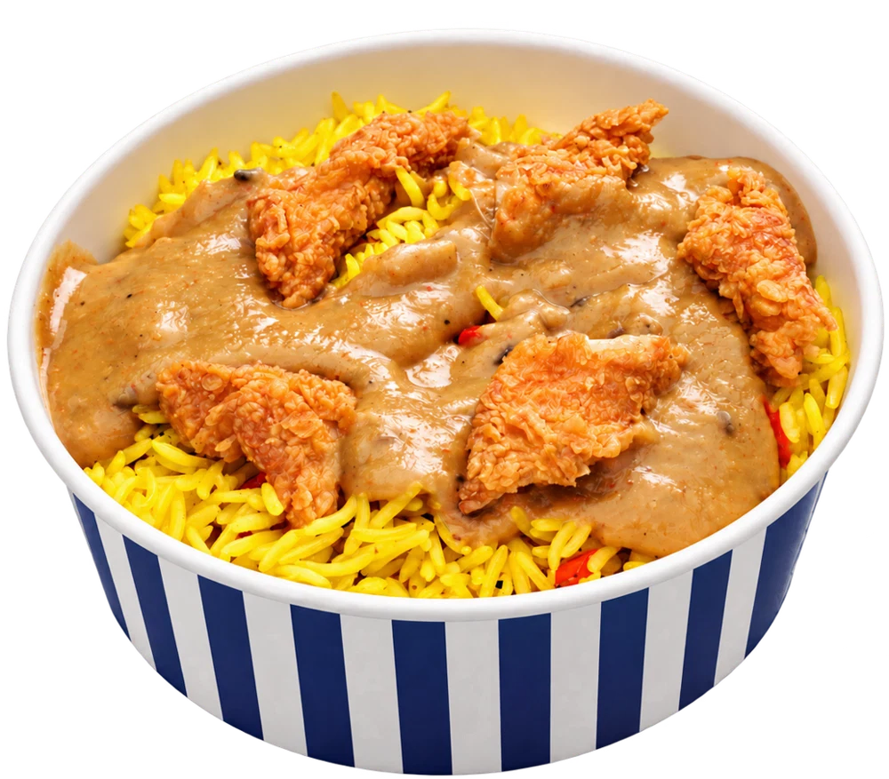 A Cheekies Strip Bowl: spicy yellow rice topped with chicken strips and gravy