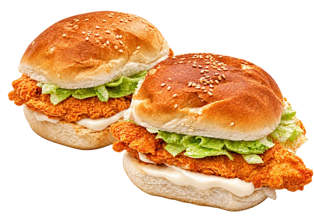 Two Cheekies chicken burgers with mayo and lettuce