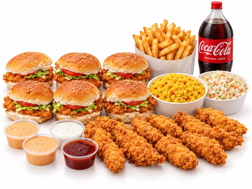 Big Box Meal: six chicken burgers, ten strips, sauces, large sides and a 2L drink