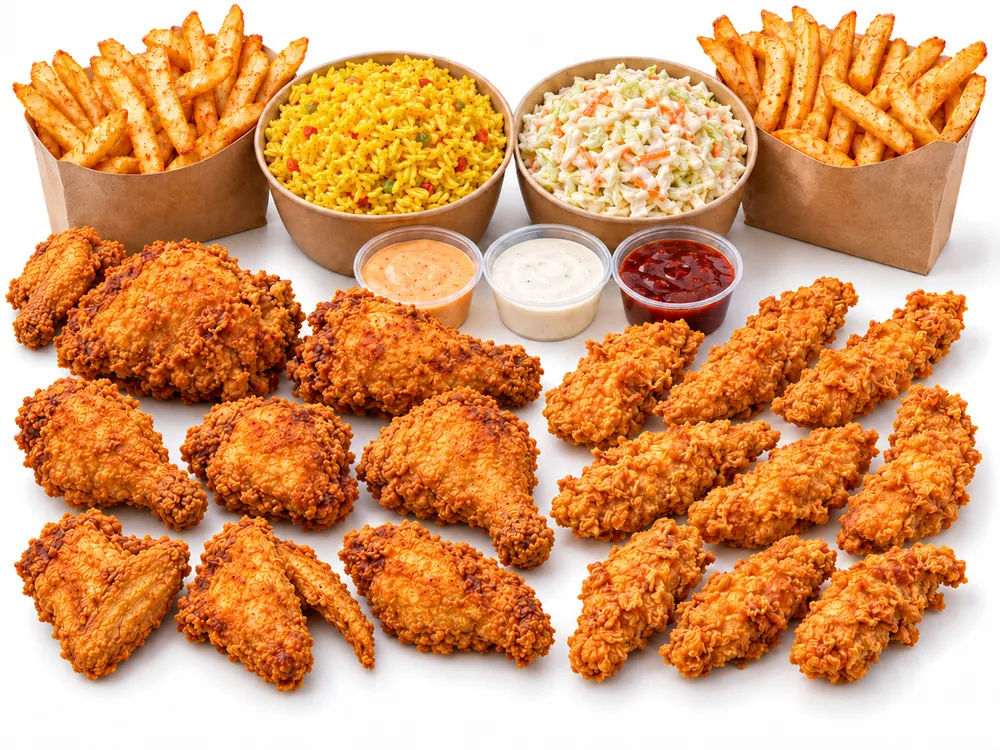 Family Meal: nine pieces of chicken, nine strips, sauces, large sides and two large fries