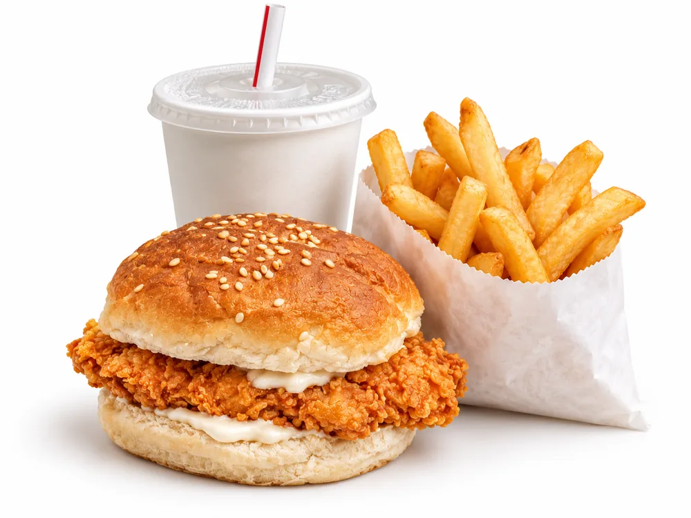 Kids crispy chicken burger meal with fries and a drink