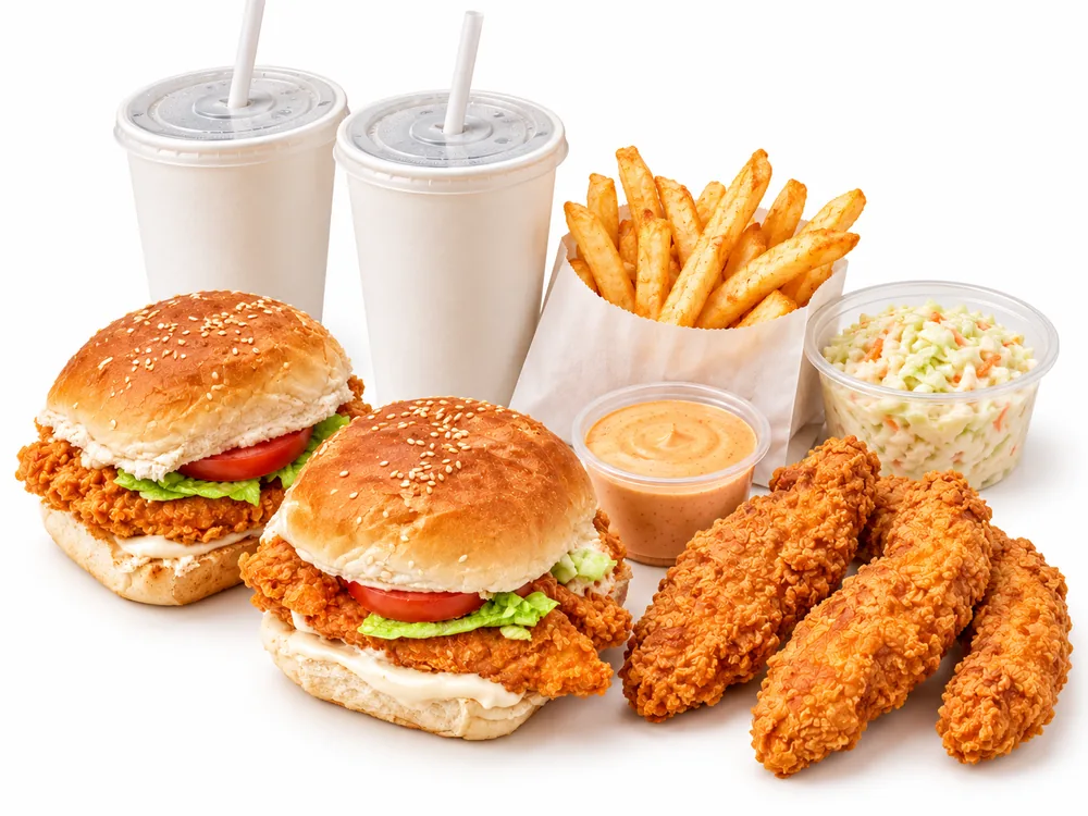 Meal A: two chicken burgers, three strips, a sauce, fries, coleslaw and two drinks