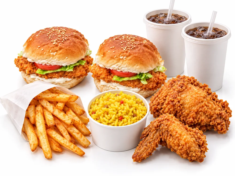 Meal B: two chicken burgers, two pieces of chicken, fries, rice and two drinks