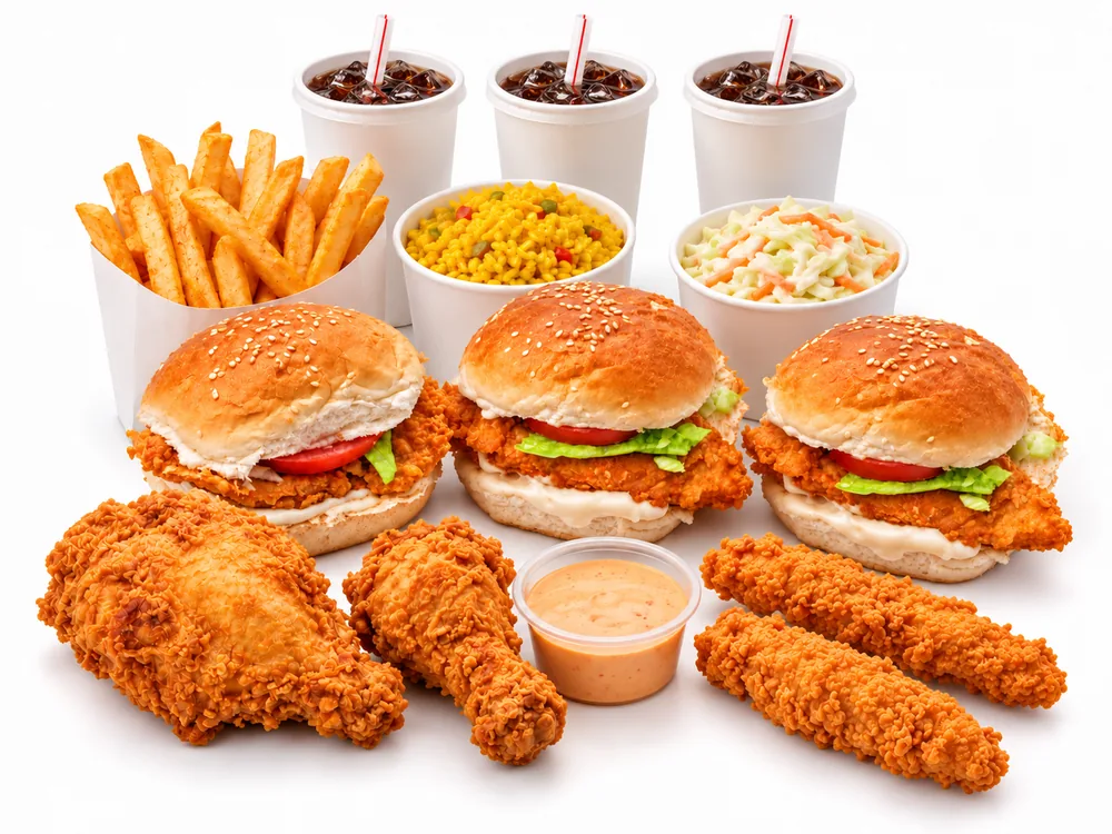 Meal C: three chicken burgers, two pieces of chicken, two strips, a sauce, sides and three drinks