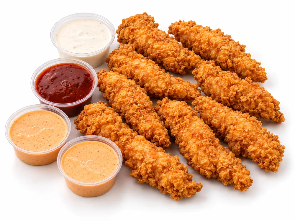 Ten Cheekies chicken strips with four dipping sauces