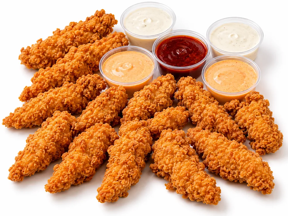 Fifteen Cheekies chicken strips with five dipping sauces