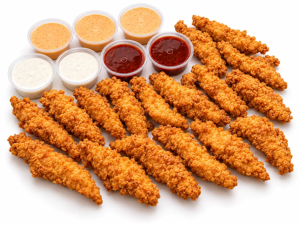 Twenty-one Cheekies chicken strips with seven dipping sauces