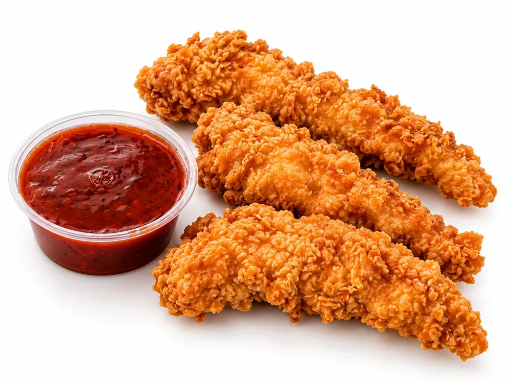 Three Cheekies chicken strips with a dipping sauce