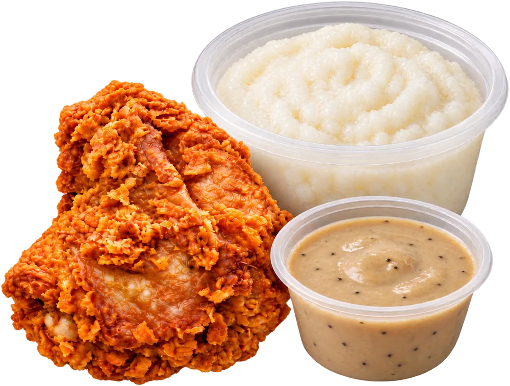 A piece of Cheekies fried chicken with a tub of pap and a tub of gravy
