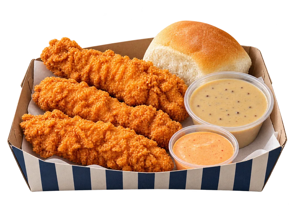 Three Cheekies tenders in a striped box with a roll, gravy and a sauce