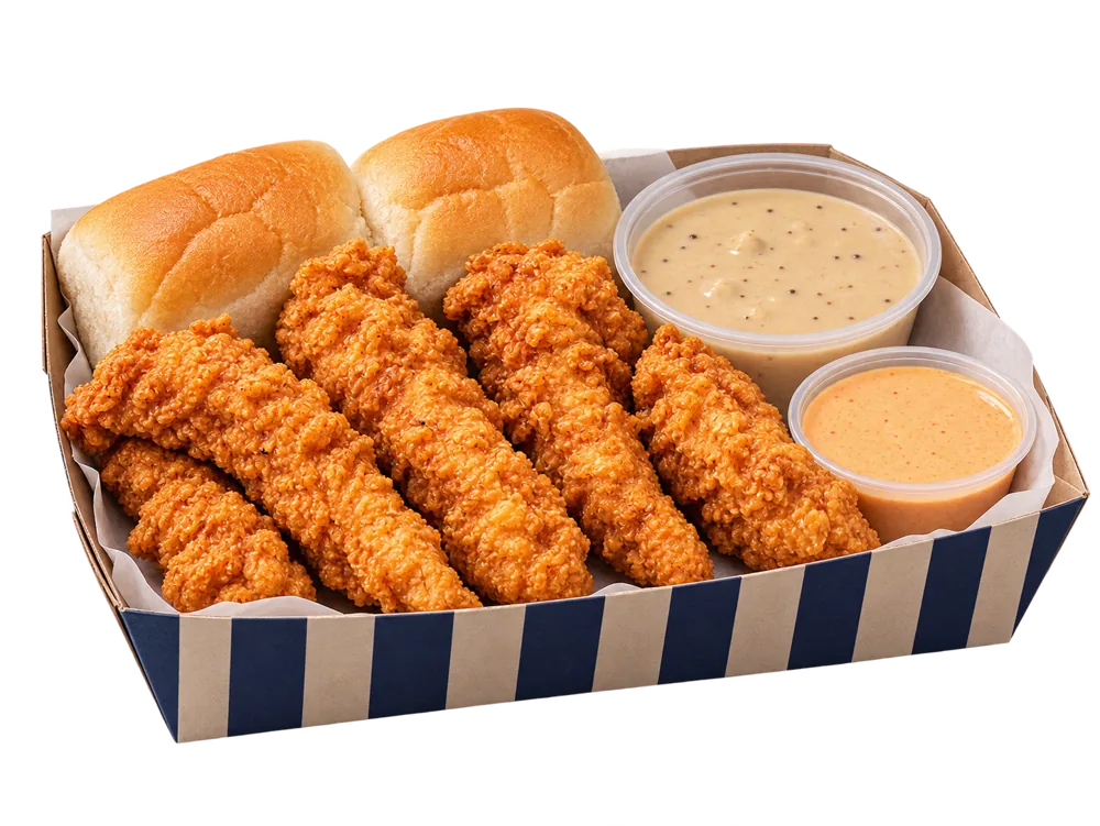 Cheekies tenders in a striped box with two rolls, gravy and a sauce